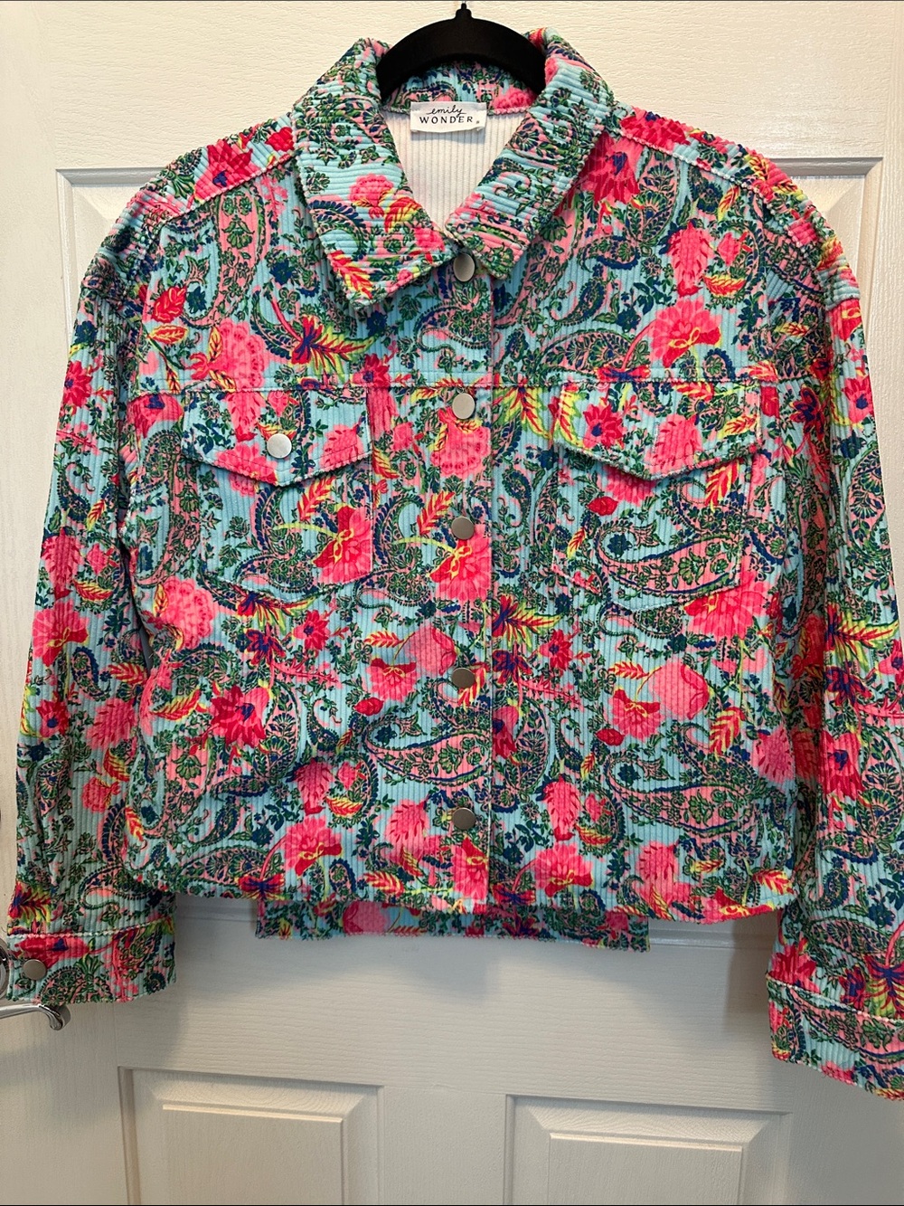 Emily Wonder Floral Paisley Corduroy Jacket - Pink & Teal Size Small